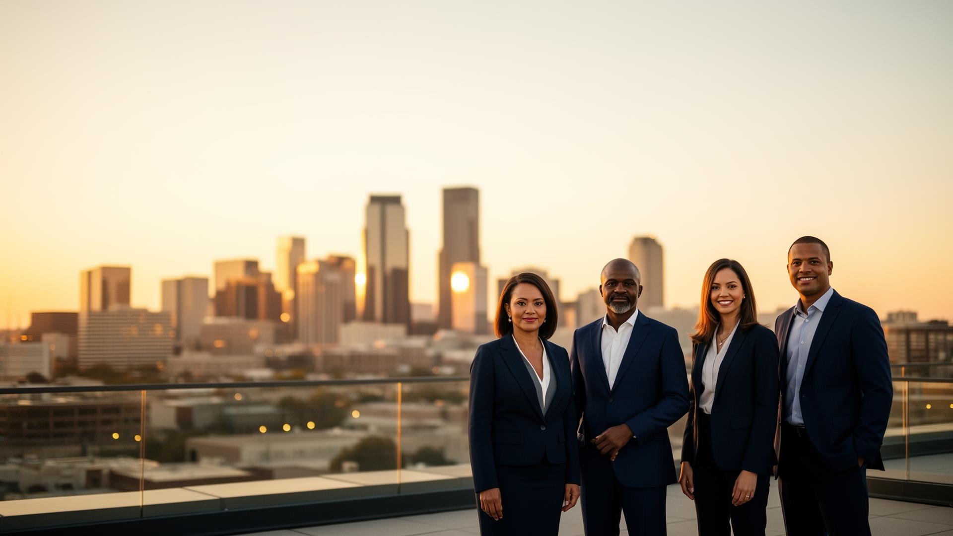 Diverse executive team on a Houston rooftop at golden hour